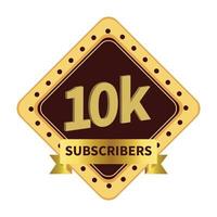 distintivo de assinante real 10k com fita de cor dourada sobre fundo branco, sombra de cor escura e dourada com fita, distintivo dourado especial de assinante de 10k. vetor