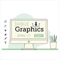 design criativo para texto do dia mundial dos gráficos com sombra verde para um cartão ou pôster, vetor de computador bonito, ilustração padrão para um dia especial em 27 de abril com efeito de texto de cor verde.