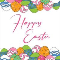feliz dia de páscoa em um fundo branco, lindos ovos de páscoa multicoloridos, feliz páscoa em um efeito de texto de cor rosa. vetor