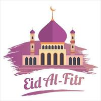 elegante eid al-fitr mubarak com efeito de texto dourado, festival sagrado dos muçulmanos, mesquita muçulmana dentro de pincelada, sombra multicolorida, roxo, ilustração vetorial de mesquita, pincelada. vetor