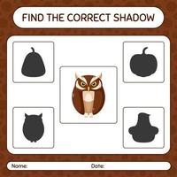 encontre o jogo de sombras correto com a coruja. planilha para crianças pré-escolares, folha de atividades para crianças vetor