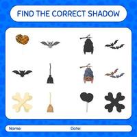 encontre o jogo de sombras correto com o ícone de halloween. planilha para crianças pré-escolares, folha de atividades para crianças vetor
