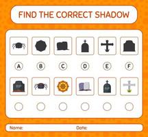encontre o jogo de sombras correto com o ícone de halloween. planilha para crianças pré-escolares, folha de atividades para crianças vetor