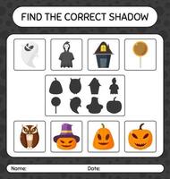 encontre o jogo de sombras correto com o ícone de halloween. planilha para crianças pré-escolares, folha de atividades para crianças vetor