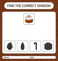 encontre o jogo de sombras correto com bolo de natal. planilha para crianças pré-escolares, folha de atividades para crianças vetor