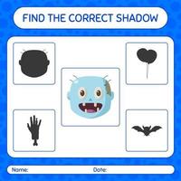 encontre o jogo de sombras correto com zumbi. planilha para crianças pré-escolares, folha de atividades para crianças vetor