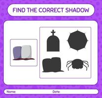 encontre o jogo de sombras correto com a lápide. planilha para crianças pré-escolares, folha de atividades para crianças vetor