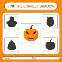 encontre o jogo de sombras correto com jack o' lantern. planilha para crianças pré-escolares, folha de atividades para crianças vetor