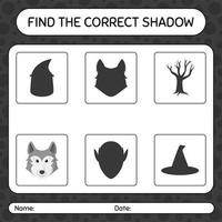 encontre o jogo de sombras correto com o lobo. planilha para crianças pré-escolares, folha de atividades para crianças vetor