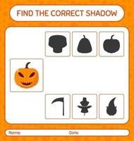 encontre o jogo de sombras correto com jack o' lantern. planilha para crianças pré-escolares, folha de atividades para crianças vetor