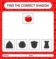 encontre o jogo de sombras correto com a bolsa do papai noel. planilha para crianças pré-escolares, folha de atividades para crianças vetor