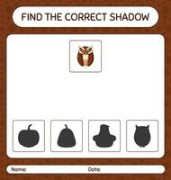 encontre o jogo de sombras correto com a coruja. planilha para crianças pré-escolares, folha de atividades para crianças vetor