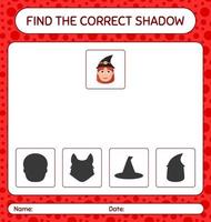 encontre o jogo de sombras correto com a bruxa. planilha para crianças pré-escolares, folha de atividades para crianças vetor