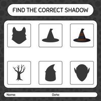 encontre o jogo de sombras correto com o chapéu de bruxa. planilha para crianças pré-escolares, folha de atividades para crianças vetor