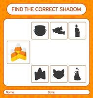 encontre o jogo de sombras correto com milho doce. planilha para crianças pré-escolares, folha de atividades para crianças vetor