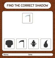 encontre o jogo de sombras correto com a foice. planilha para crianças pré-escolares, folha de atividades para crianças vetor