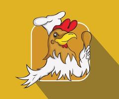 logotipo ou mascote de personagem de frango de desenho animado, frango de chef de desenho animado segurando uma coxa de frango frito, ilustração, logotipo e vetor