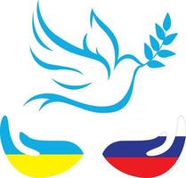 mãos tremendo com as cores das bandeiras da ucrânia e da rússia ao lado de uma pomba voadora com louro na boca sobre um fundo azul claro vetor