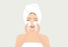 linda mulher lavando o rosto com ilustração vetorial de água bolha. conceito de rotina de beleza vetor