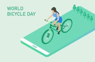 dia mundial da bicicleta, casal andando de bicicleta na ilustração vetorial da cidade vetor
