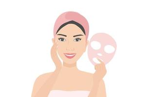mulher bonita aplicando máscara de folha facial. cuidados com a pele, tratamento, cosméticos e ilustração vetorial de salão de spa vetor