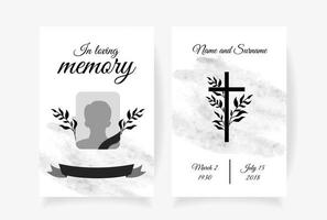 design de modelo de cartão funeral com galhos colocados sob o nome cruzado da foto e as datas da morte. ilustração vetorial em preto e branco