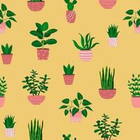 sem costura padrão de plantas de casa em vasos cor de rosa. plantas coloridas dos desenhos animados em fundo amarelo vetor