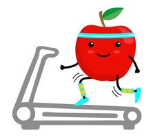personagem de desenho animado de maçã vermelha saudável correndo em uma esteira. comer saudável. ilustração isolada em um fundo branco. conceito de estilo de vida saudável e esportivo. vetor