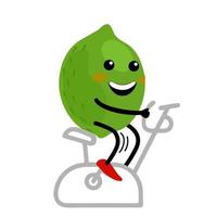 personagem de desenho animado de limão saudável envolvido em uma bicicleta estacionária. comer saudável. ilustração isolada em um fundo branco. conceito de estilo de vida saudável e esportivo. vetor