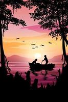 pôr do sol no belo lago com pescador vetor