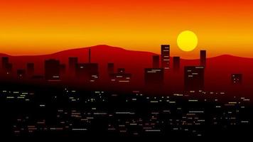 paisagem por do sol da cidade com montanha vetor