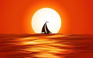pôr do sol no oceano com barco à vela vetor