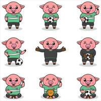 ilustração em vetor de personagens de porco jogando futebol.
