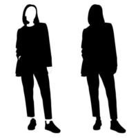 o contorno de uma silhueta preto e branco de uma menina elegante esbelta em um terno elegante em pé. modelo adulto.