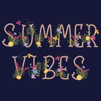 Vibrações de verão de letras coloridas desenhadas à mão cercadas de flores, folhas, limões e borboletas. vetor