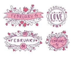 conjunto de inscrições desenhadas à mão em 14 de fevereiro. dia dos namorados. ilustração vetorial. vetor