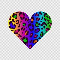coração de arco-íris de leopardo em um coração transparente background.vector - símbolo do amor. perfeito para design de blog, banner, pôster, moda, sites, aplicativos, cartão, tipografia. animal psicodélico abstrato. vetor