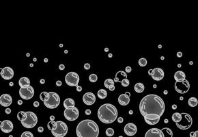 bolhas de sabão, gel, refrigerante. salpicos e gotas flutuantes em um fundo preto. espumante e refrescante. fundo vetorial. vetor
