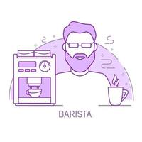 barista contorno personagem de desenho animado com uma cafeteira e uma xícara. bebida quente. vetor de arte de linha.