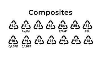 marca de reciclagem de compósitos. códigos de reciclagem ecológica. desperdício Zero. ilustração vetorial. conjunto de traçado editável de ícones de linha. vetor