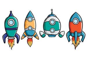 conjunto de nave espacial colorida ou foguete com estilo desenhado à mão vetor