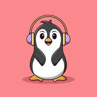 desenho de pinguim fofo ouvindo música, pinguim de desenho animado com fones de ouvido nas férias de verão, ilustração de desenho vetorial vetor