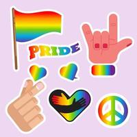 conjunto de adesivos lgbtq de orgulho, símbolos definidos em arco-íris, cor gradiente, bandeira de passeio, coração, paz, arco-íris, amor, símbolos de liberdade. mês do orgulho gay