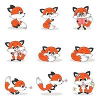conjunto de desenho animado raposa vermelha, personagem engraçado, ilustração vetorial, animais da floresta, impressão têxtil, cartão postal, embalagem, pôster vetor