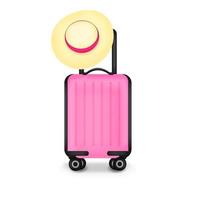 ilustração 3D da mala de bagagem sobre rodas e ilustração vetorial de conceito de viagem de chapéu, banner, cartaz, cartão postal, web design, tour, hotel vetor