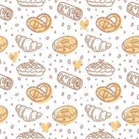 um padrão perfeito de itens de padaria desenhados à mão. torradas, tortas, muffins, cupcakes, donuts, sanduíches, bagels e pães de caracol. vetor de estilo doodle