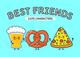 copo feliz bonito e engraçado de cerveja, pizza e pretzel. vector personagens de desenhos animados kawaii desenhados à mão, ícone de ilustração. copo de desenho animado de cerveja, pizza e conceito de amigos de mascote pretzel