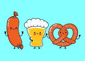 copo feliz bonito e engraçado de cerveja, salsicha e pretzel. vector personagens de desenhos animados kawaii desenhados à mão, ícone de ilustração. copo de desenho animado de cerveja, salsicha e conceito de amigos de mascote pretzel