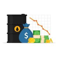 barril de petróleo e gráfico. queda do mercado de petróleo. preço do petróleo. redução de preço. barril e dinheiro. vetor