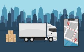 aplicativo de serviço de entrega de celular. caminhão branco com caixas de papelão e um celular com um mapa no fundo da cidade. vetor